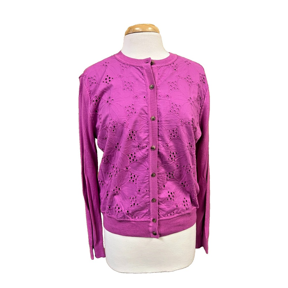 Ann Taylor Cardigan/Top Orchid Pink Eyelet Button Front Fine Knit Remainder SZ L